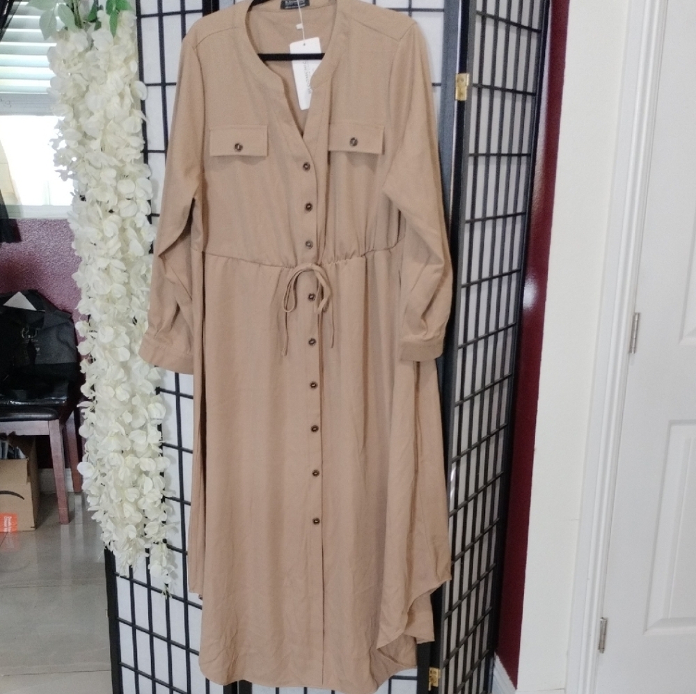 Button-Front Long Sleeve Tan Shirt Dress